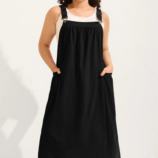 Loose Midi Overall Dress – Relaxed Fit, Breathable & Side Pockets – Everyday Casual 0