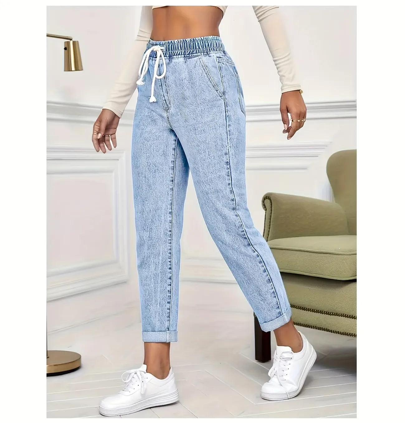 Women's Drawstring Tapered Denim Pants 1