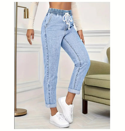 Women's Drawstring Tapered Denim Pants 2