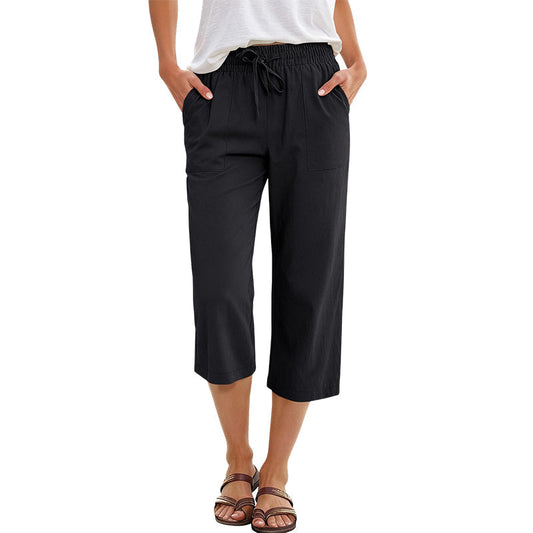 Women's Wide Leg Pants Black Linen Blend Cropped 0